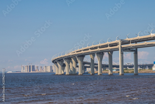A road junction. Expressway around the city. Western high-speed diameter. Automobile bridge. The Gulf of Finland. Saint Petersburg, Kanonersky Island