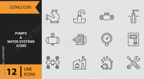 Pumps and Water Systems Icons Outline Icon Set for Commercial Pressure Tanks and Well Supplies