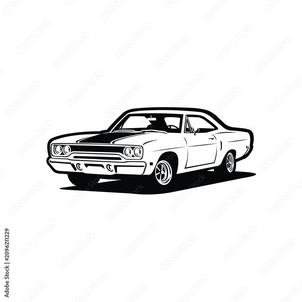 Naklejka premium Classic American Muscle Car Silhouette Monochrome Vector Illustration Isolated on White Background