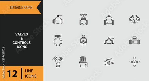 Valves and Controls Icons Outline Icon Set for Pipeline Pressure Regulation and Industrial Flow Management