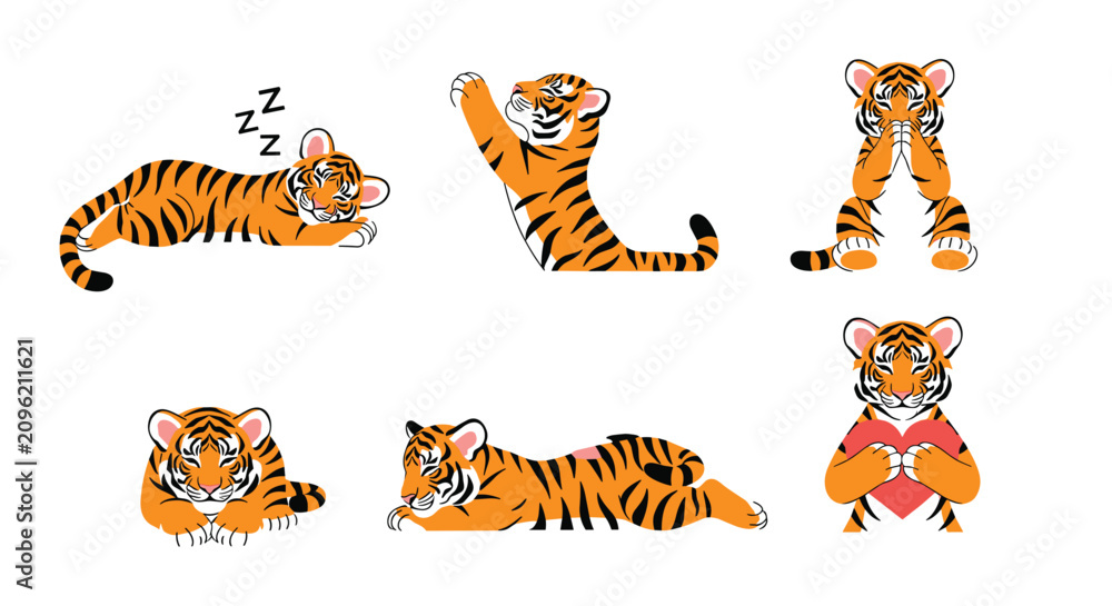 Fototapeta premium Cute little tiger cub character emotes shown in various poses including sleeping, yawning, and hiding its eyes.