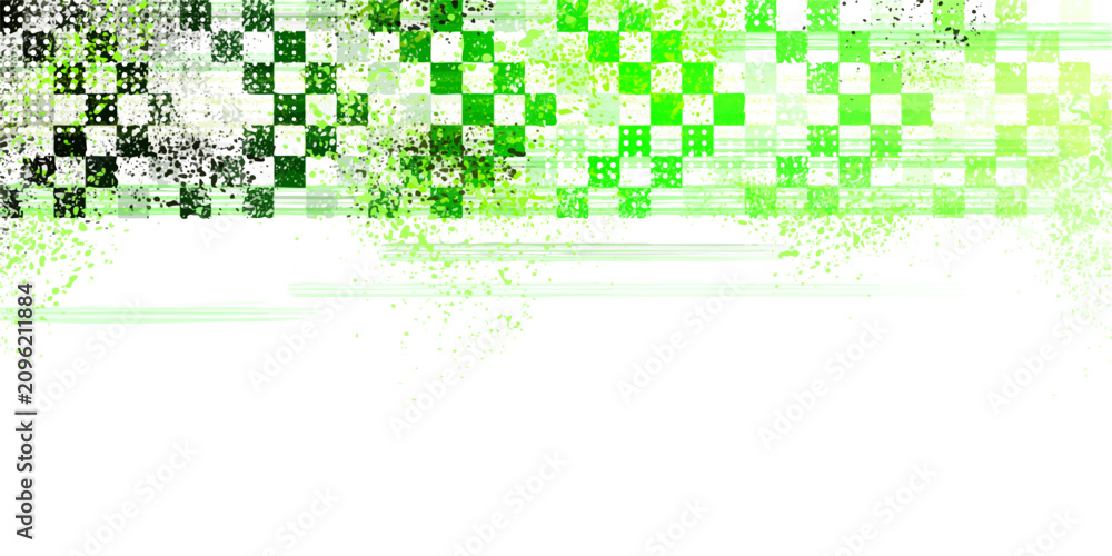 Fototapeta premium Grunge racing flag background with checkered pattern, speed lines and green paint splashes. Dynamic car sport vector banner with vintage worn dirty texture, finish line graphics for competition design