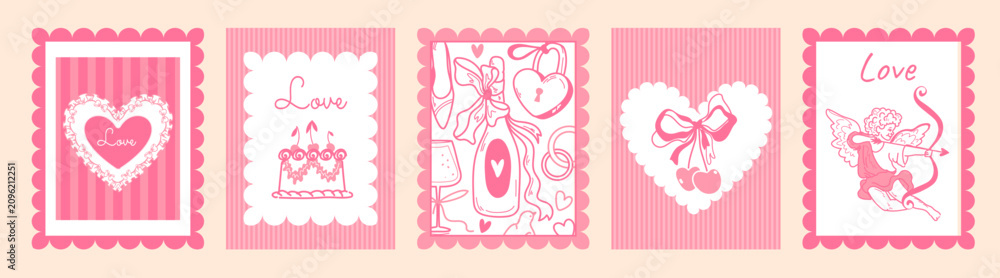 Obraz premium Vintage Valentine Day greeting cards set with romantic pink doodles. Vector illustration of love themed stamps with cupid, wedding cake, wine bottle and coquette cherry bow in cute scallop frames