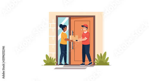 Delivery Courier Handing Parcel Box to Customer at Door Flat Vector Illustration