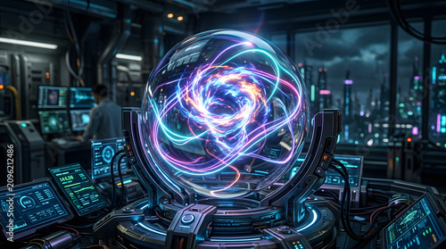 Energy sphere containing swirling light filaments rests on a complex control console within a futuristic research center.