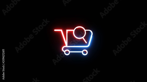 Tableau sur toile Neon shopping cart icon with magnifying glass symbol, digital commerce and online search