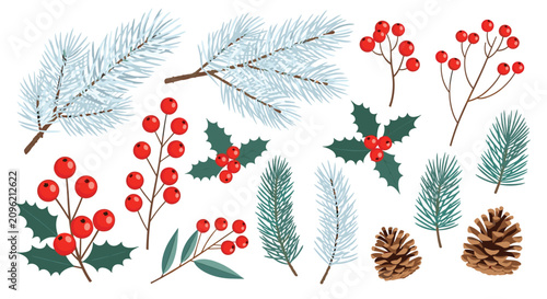 Assortment of winter botanical elements featuring pine needles, holly leaves, red berries, and pine cones for seasonal floral design.