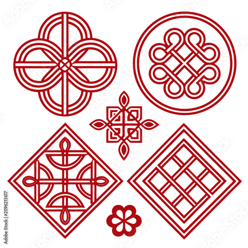 Wall Mural Asian knot ornament collection with red geometric patterns for traditional lunar new year designs and cultural holiday graphics featuring various symmetrical shapes and oriental line motifs