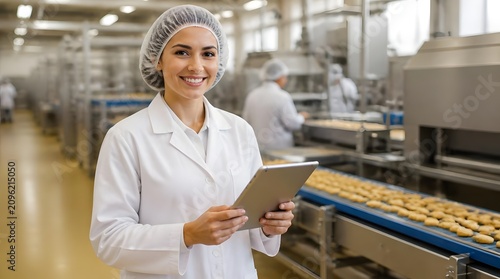 Food factory worker holding tablet. Quality control inspector in production.