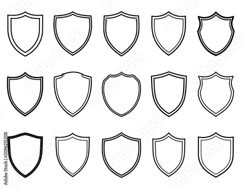 A collection of 15 black and white shield icons in various line styles