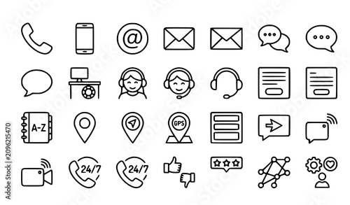 Contact and Communication Line Icon Set with Customer Support Symbols
