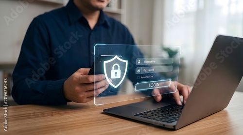 Man using laptop and phone for secure online login, showing digital shield and password entry interface for data protection.