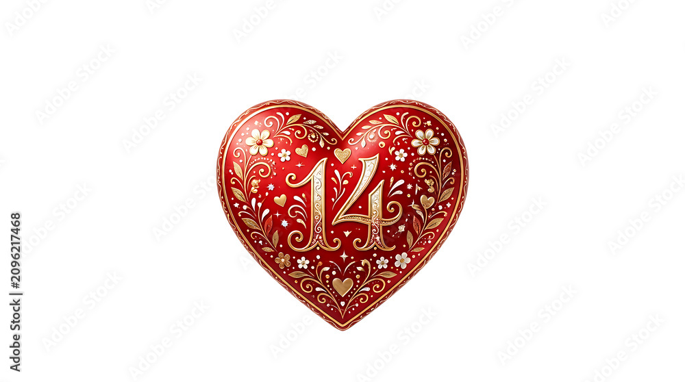 Fototapeta premium Intricate red heart with '124' inscription gold floral details isolated on transparent background for valentine's day designs
