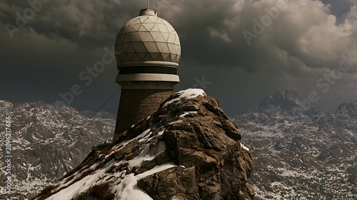 Old stone lighthouse tower standing on a rocky cliff by the sea under a cloudy sky