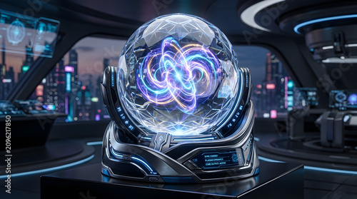Holographic globe displaying intertwined light pathways stands in a futuristic command center.