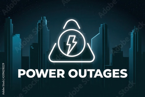 Neon power outage sign over city skyline. Energy crisis concept.