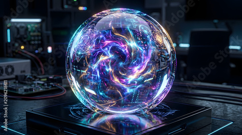 Glass orb filled with swirling colorful nebula lights rests on a metallic workstation surface.