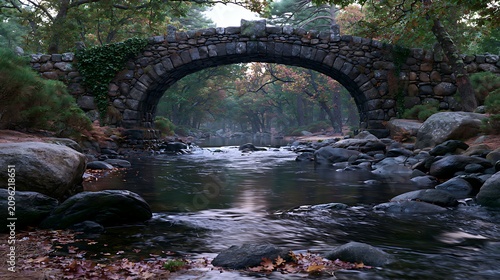 Old stone arch bridge over a calm river in a peaceful forest setting