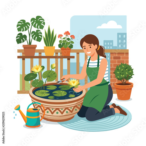 Fotografía A smiling woman wearing a green apron prunes yellow water lilies in a decorative pot on her sunny apartment balcony surrounded by potted plants