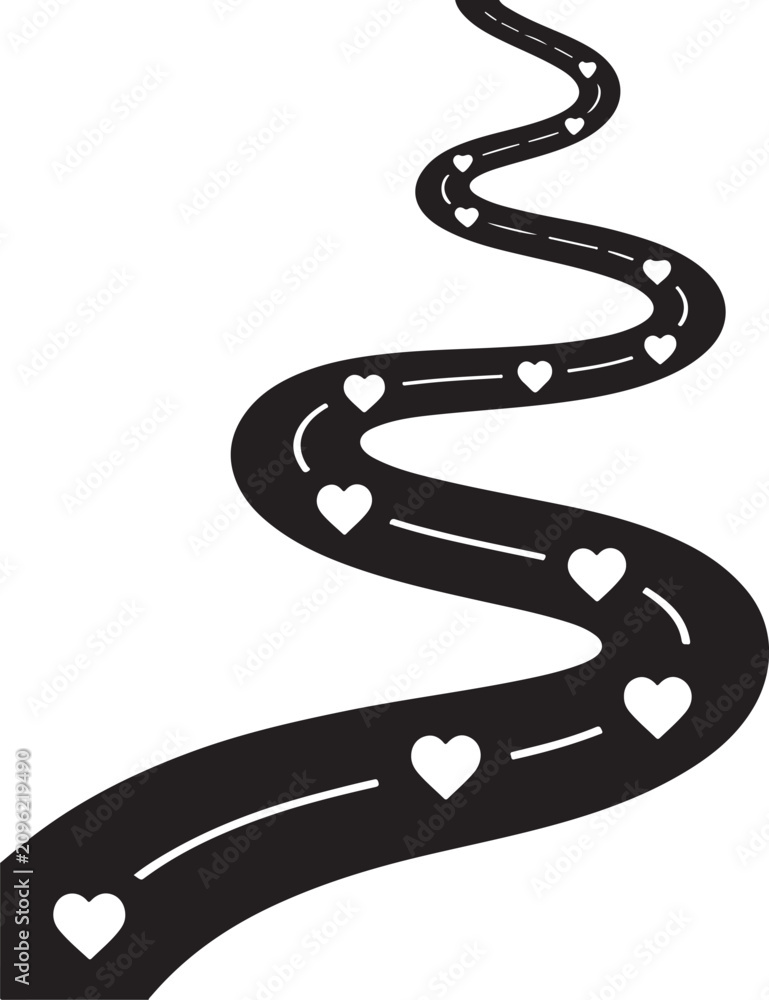 Fototapeta premium Winding road silhouette with heart patterns representing long distance love or romantic journey concept vector illustration on transparent backdrop.