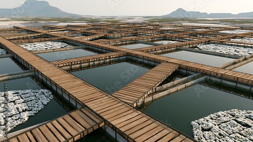 Wooden walkways over salt evaporation ponds in a coastal landscape at sunset