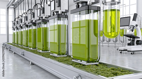 Industrial production line with green liquid in glass containers at a modern factory