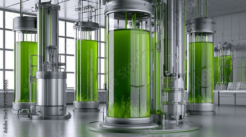 Industrial glass bioreactors with green algae liquid in a modern laboratory facility