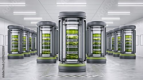 Modern vertical farming towers with green plants in a high tech indoor laboratory room