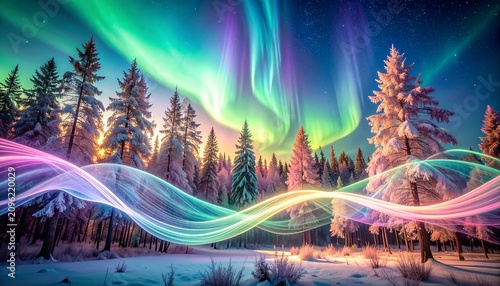 Vibrant Aurora Borealis Over Snowy Winter Forest With Colorful Light Trails