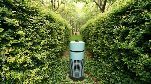 Modern air purifier device standing in a lush green garden with trees