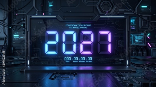 Futuristic digital countdown display screen showing the year 2027 with glowing blue and purple neon numbers set against an intricate dark high tech circuit board