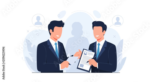 Businessmen Discussing Document with Clipboard and Pen, Professional Agreement and Collaboration Concept