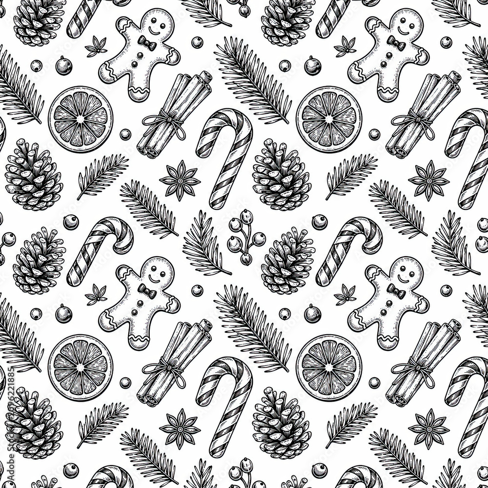 Black and white hand drawn christmas pattern with holiday cookies isolated on white background