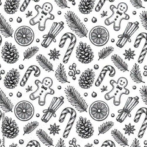 Black and white hand drawn christmas pattern with holiday cookies isolated on white background