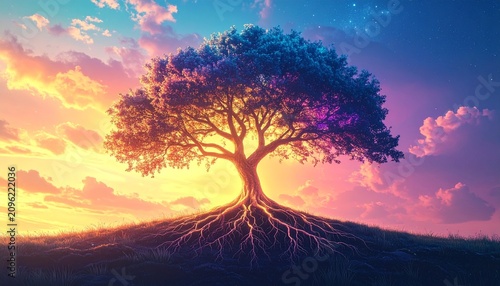 Majestic Ancient Tree Standing Alone Against a Radiant Colorful Sunset Sky on a Grassy Hill with Visible Roots
