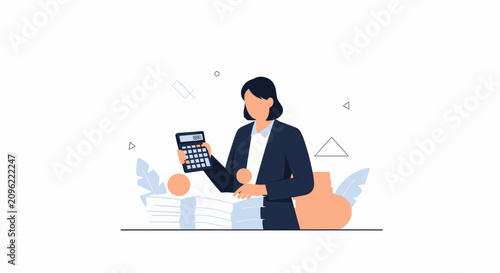 Businesswoman with Calculator Working with Financial Documents and Stacks of Paper, Concept of Accounting and Finance