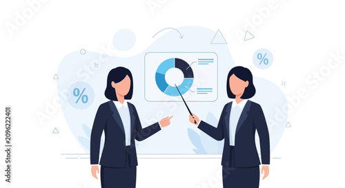 Businesswomen presenting data chart with percentages in modern flat illustration style