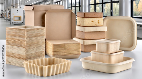Stack of brown cardboard boxes and paper food containers in a production factory