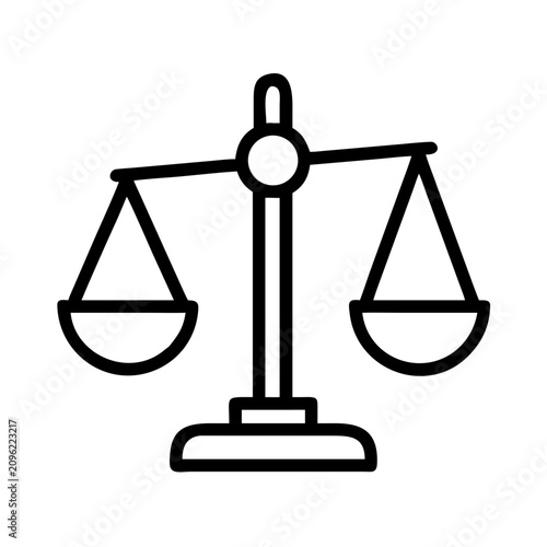 Balanced justice scale icon vector - Minimalist black and white justice scale icon symbolizing balance and fairness in a clean vector style.