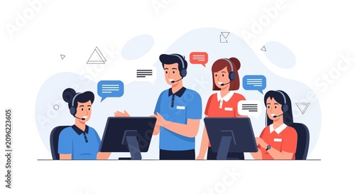 Diverse customer service team in a modern call center, providing support and communication, vector illustration.