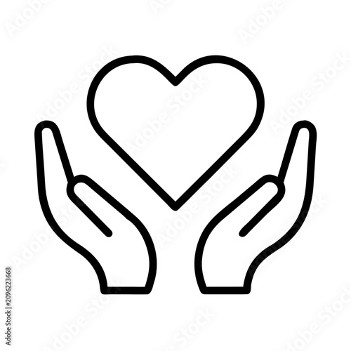 Hands holding heart icon symbol - Minimalist black and white vector icon of two hands gently holding a heart shape symbolizing love and care.