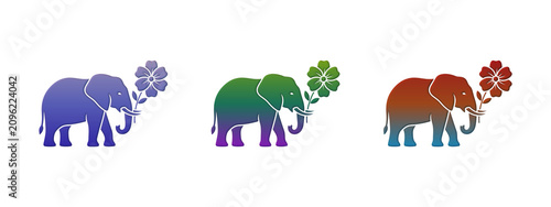 Photography Three colorful elephants holding a flower in their trunks