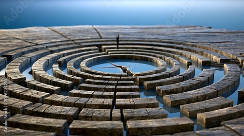 A lone person walking through a circular stone labyrinth maze under a blue sky