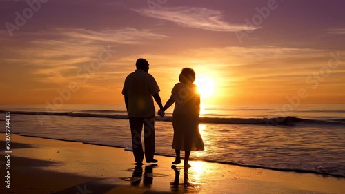 Couple walks hand in hand on beach at sunset in a warm sky with gentle waves