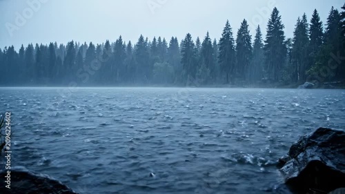 Dark clouds bring rain over a quiet lake surrounded by trees in the early hours of the day