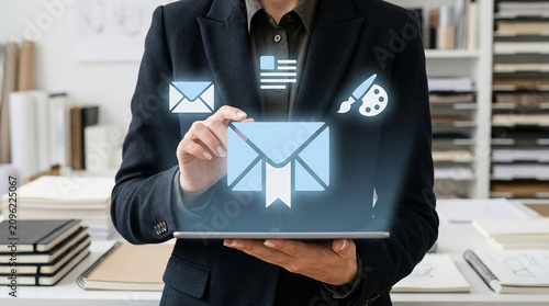 Businesswoman Using Tablet with Email and Creative Design Icons for Digital Communication and Project Management in a Modern Office Workspace Setting
