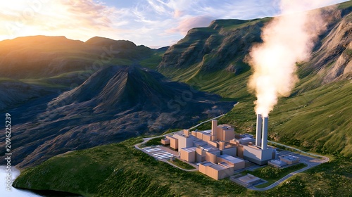Industrial power plant with smoke stacks in a scenic mountain valley landscape