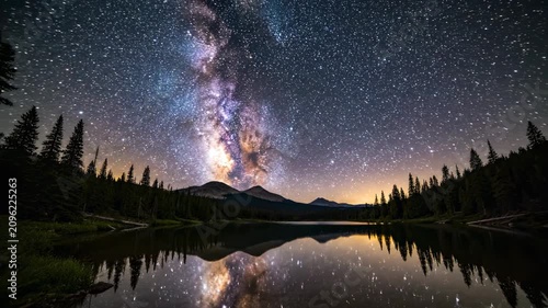 Stargazing at a lake under the Milky Way in the mountains at night
