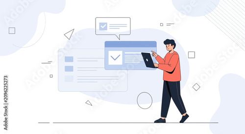 Man with laptop reviewing checklist and tasks, modern flat vector illustration for workflow and productivity