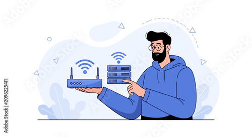 Man with Router and Servers, Network Connection Concept, Wi-Fi Signal Illustration